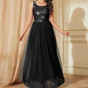 BERYLOVE Women Sequin Dress Vintage A Line  Sleeveless Formal Gown Sz: S Black